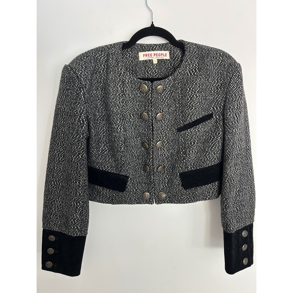 Free People Black White Herringbone Cropped Military Jacket Velvet Trim Small